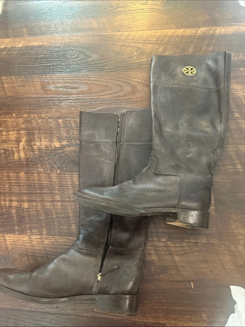 Tory Burch Dark Brown Leather Tall Logo Riding Boots